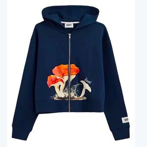 Ost Navy Blue cropped Hoodie with Mushroom Design